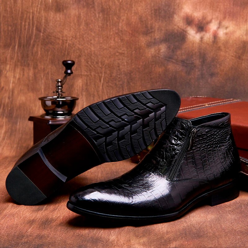 Crocodile Grain brown tan / black mens ankle boots embossed genuine leather dress boots autumn mens wedding shoes