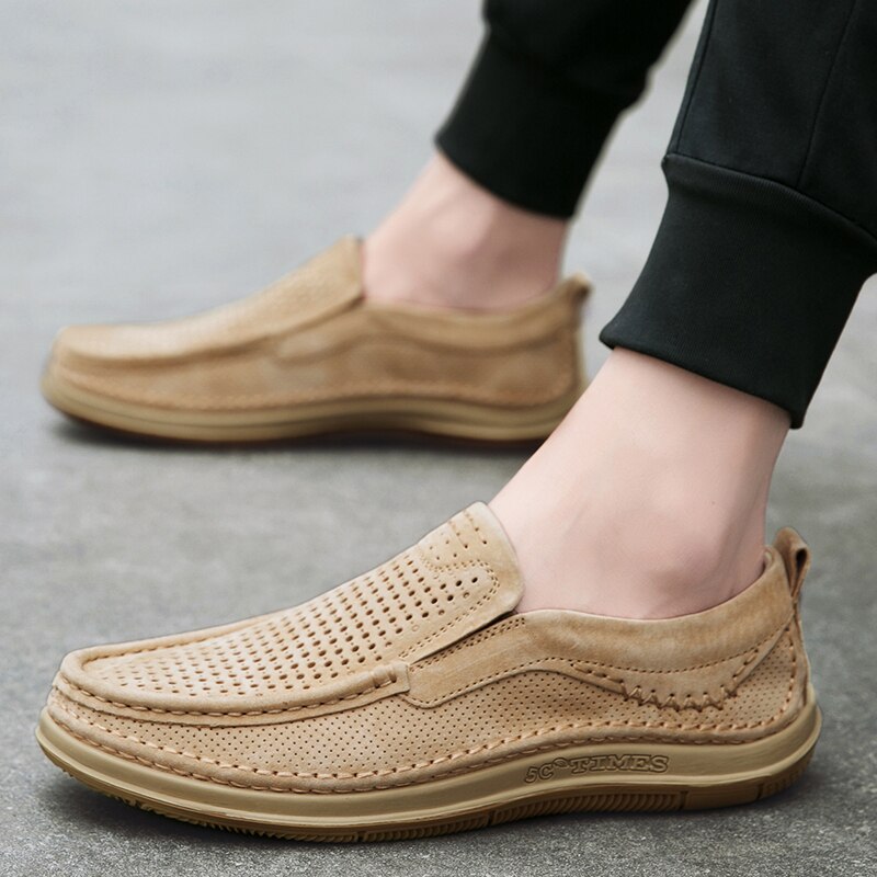 Summer Handmade Mens Loafers Luxury Genuine Leather Male Casual Shoes Breathable Soft Driving Shoes Hollow Out Office Moccasins