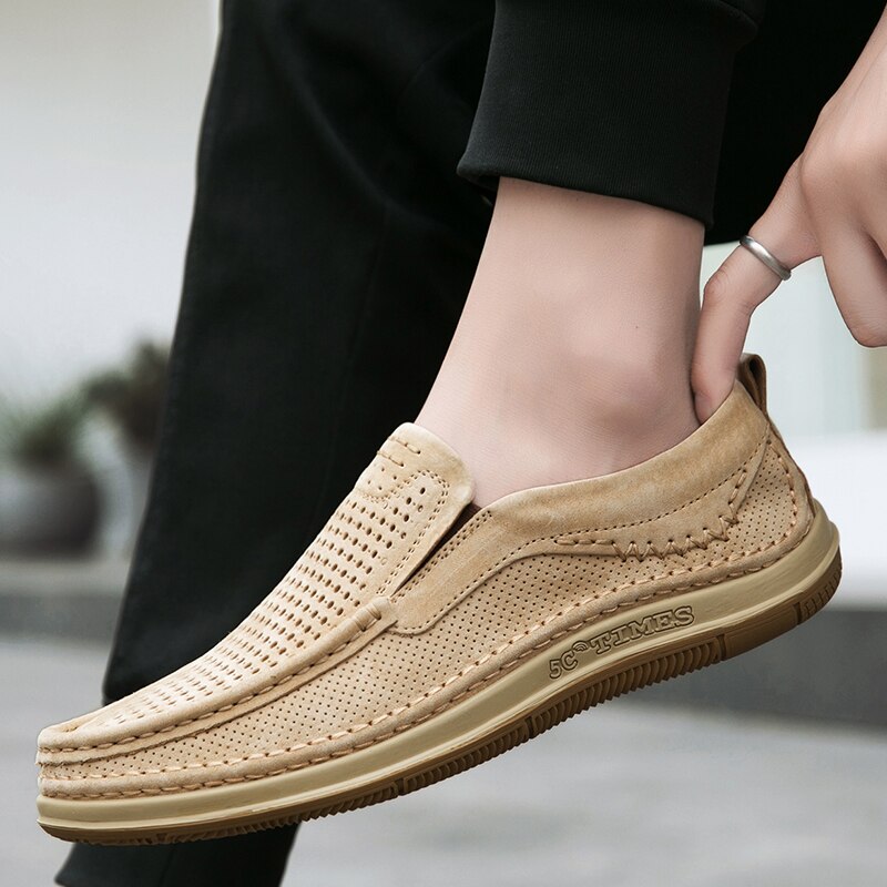Summer Handmade Mens Loafers Luxury Genuine Leather Male Casual Shoes Breathable Soft Driving Shoes Hollow Out Office Moccasins
