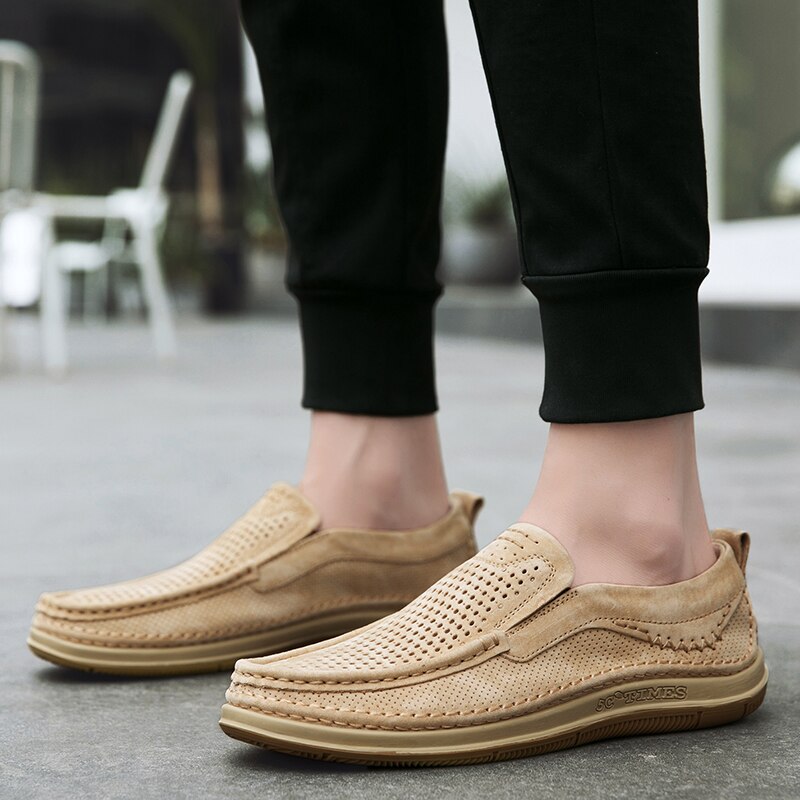 Summer Handmade Mens Loafers Luxury Genuine Leather Male Casual Shoes Breathable Soft Driving Shoes Hollow Out Office Moccasins