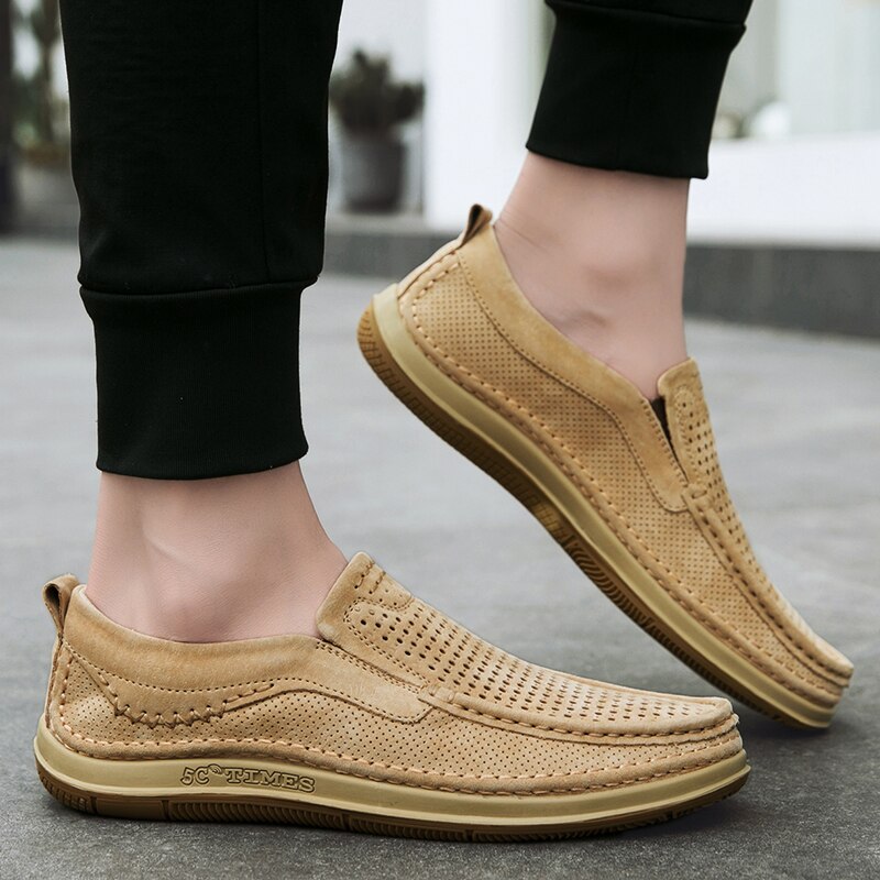 Summer Handmade Mens Loafers Luxury Genuine Leather Male Casual Shoes Breathable Soft Driving Shoes Hollow Out Office Moccasins