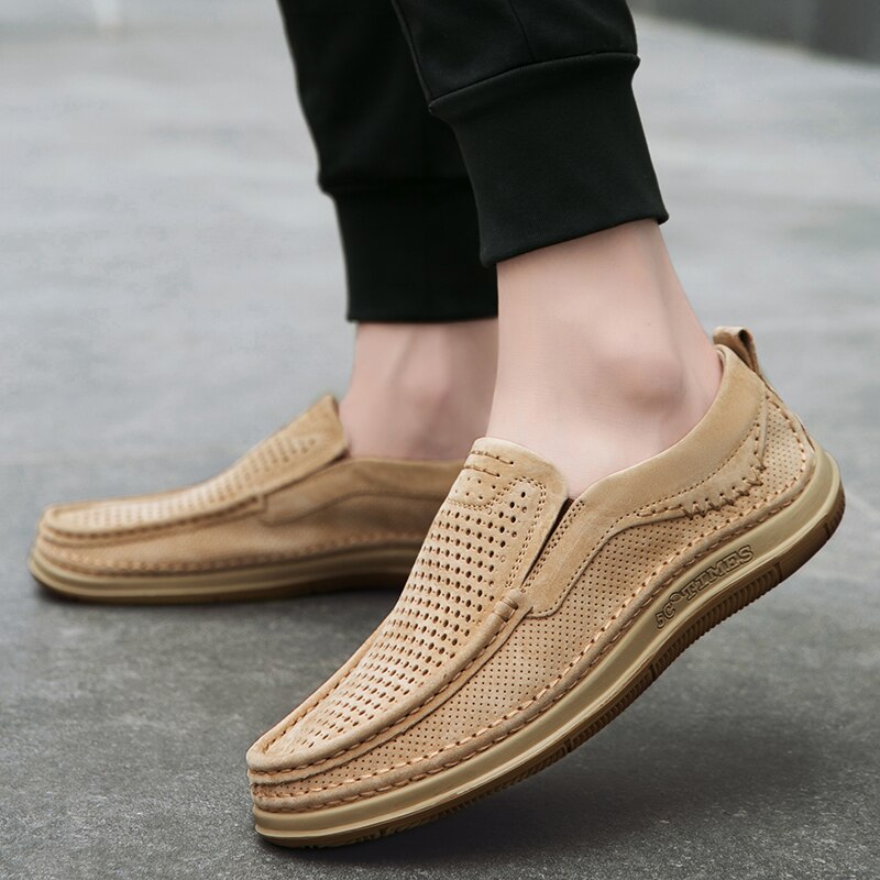 Summer Handmade Mens Loafers Luxury Genuine Leather Male Casual Shoes Breathable Soft Driving Shoes Hollow Out Office Moccasins