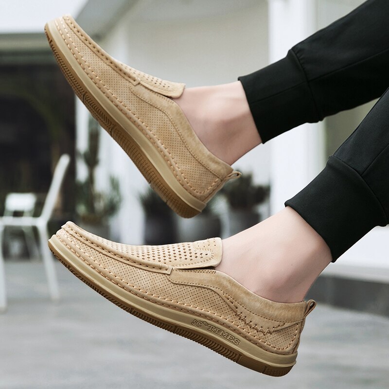 Summer Handmade Mens Loafers Luxury Genuine Leather Male Casual Shoes Breathable Soft Driving Shoes Hollow Out Office Moccasins